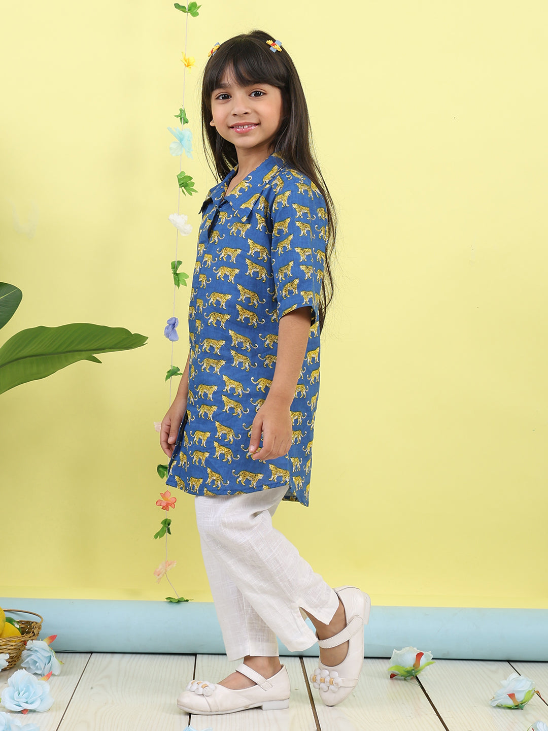 Blue cotton tiger printed 3/4 sleeves shirt paired with white pant