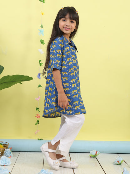 Blue cotton tiger printed 3/4 sleeves shirt paired with white pant