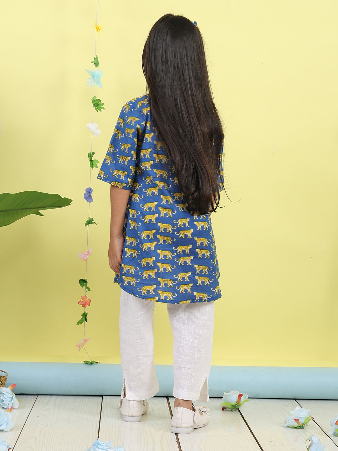 Blue cotton tiger printed 3/4 sleeves shirt paired with white pant