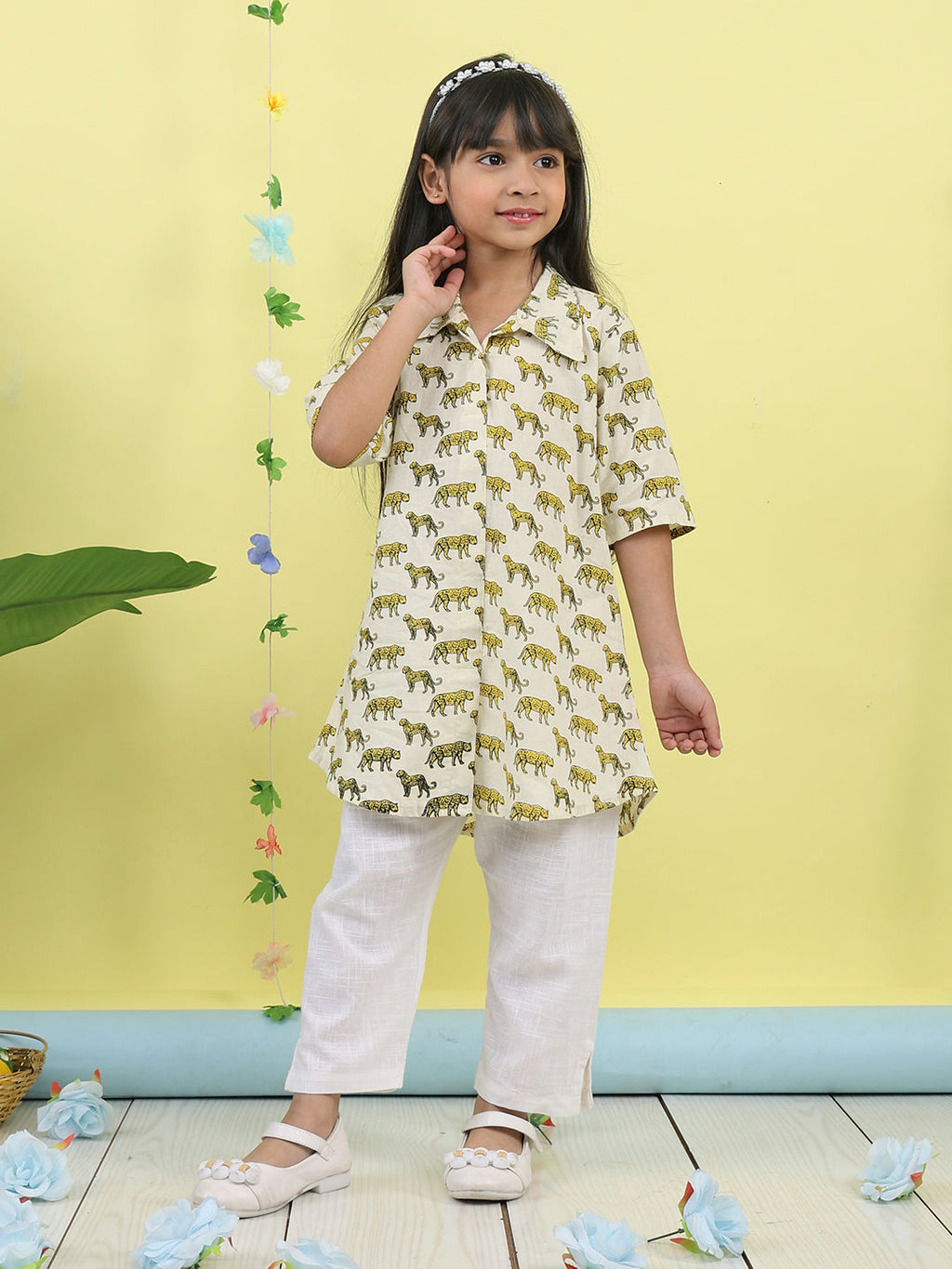 White cotton tiger printed 3/4 sleeves shirt paired with white pant