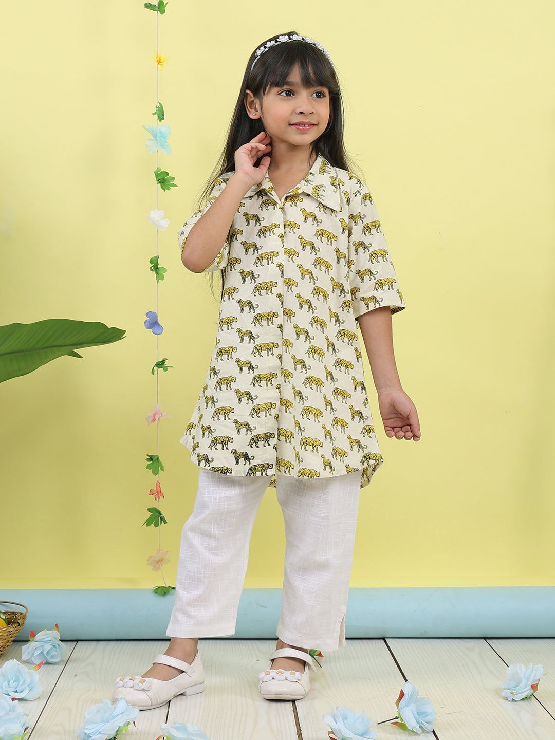 White cotton tiger printed 3/4 sleeves shirt paired with white pant