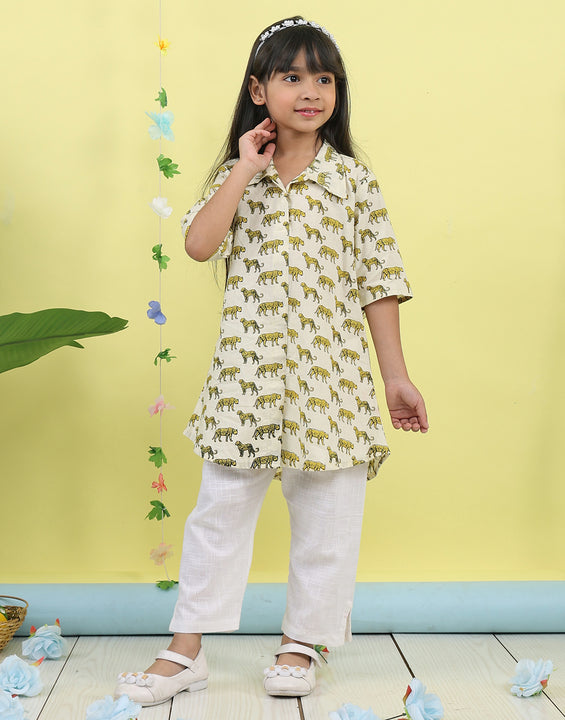 White cotton tiger printed 3/4 sleeves shirt paired with white pant