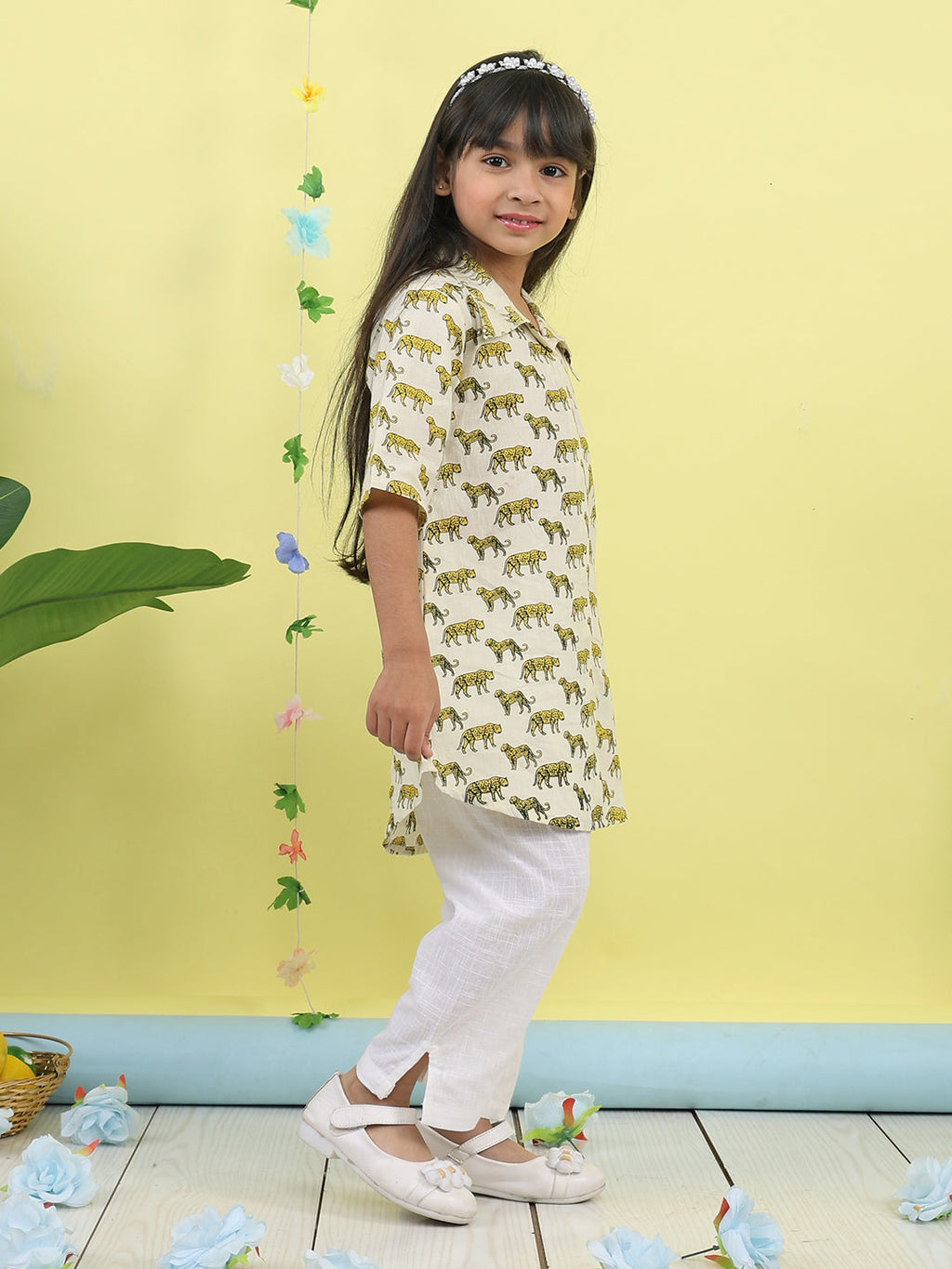 White cotton tiger printed 3/4 sleeves shirt paired with white pant