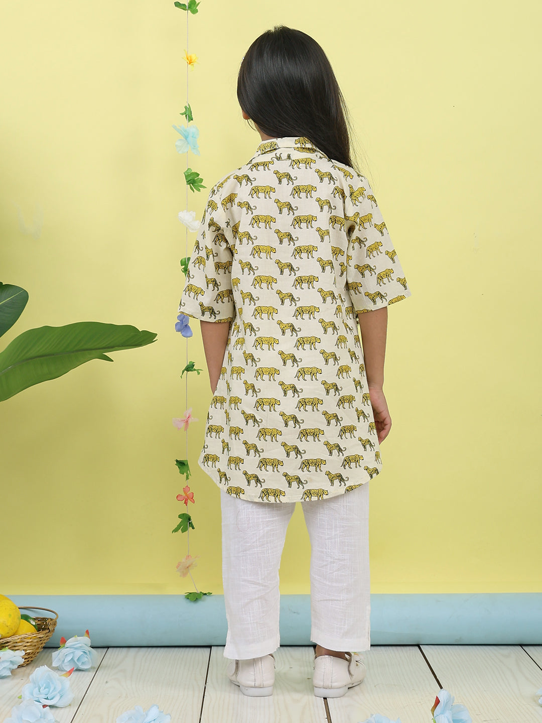 White cotton tiger printed 3/4 sleeves shirt paired with white pant