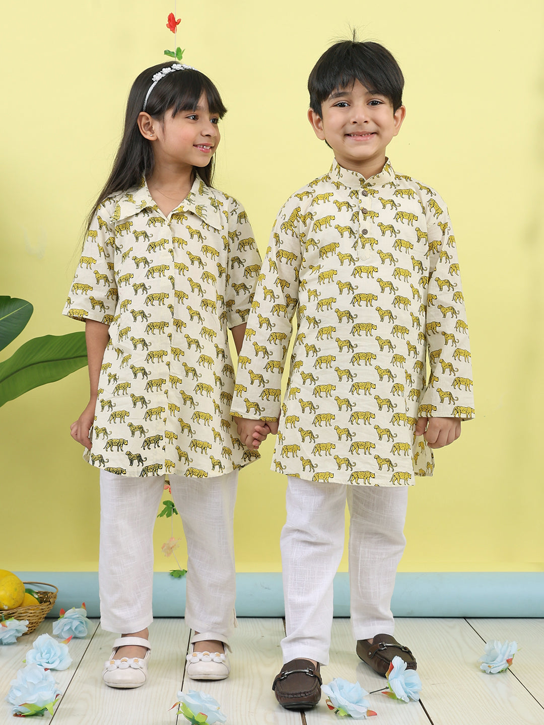 White cotton tiger printed 3/4 sleeves shirt paired with white pant
