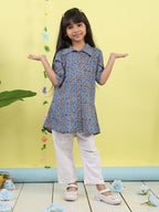 Grey cotton animal printed 3/4 sleeves shirt paired with white pant