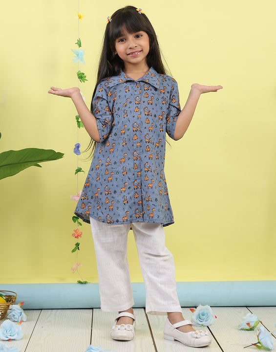 Grey cotton animal printed 3/4 sleeves shirt paired with white pant