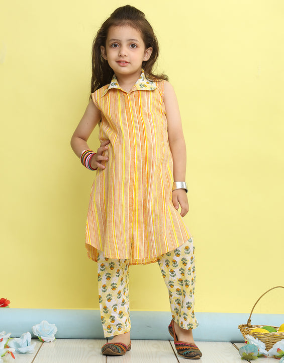 Yellow stripped sleeveless kurti with Floral pant