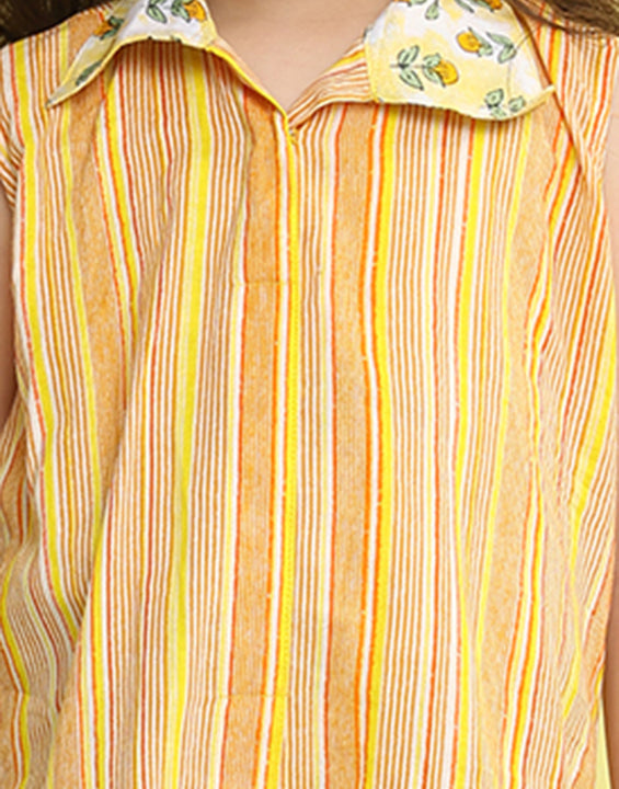 Yellow stripped sleeveless kurti with Floral pant