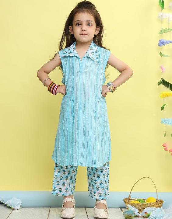 Blue stripped sleeveless kurti with Floral pant