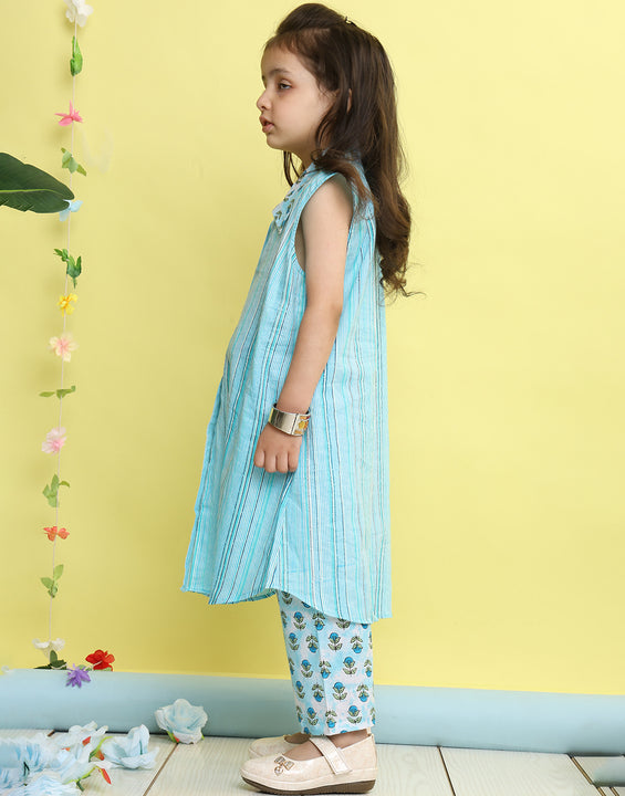 Blue stripped sleeveless kurti with Floral pant