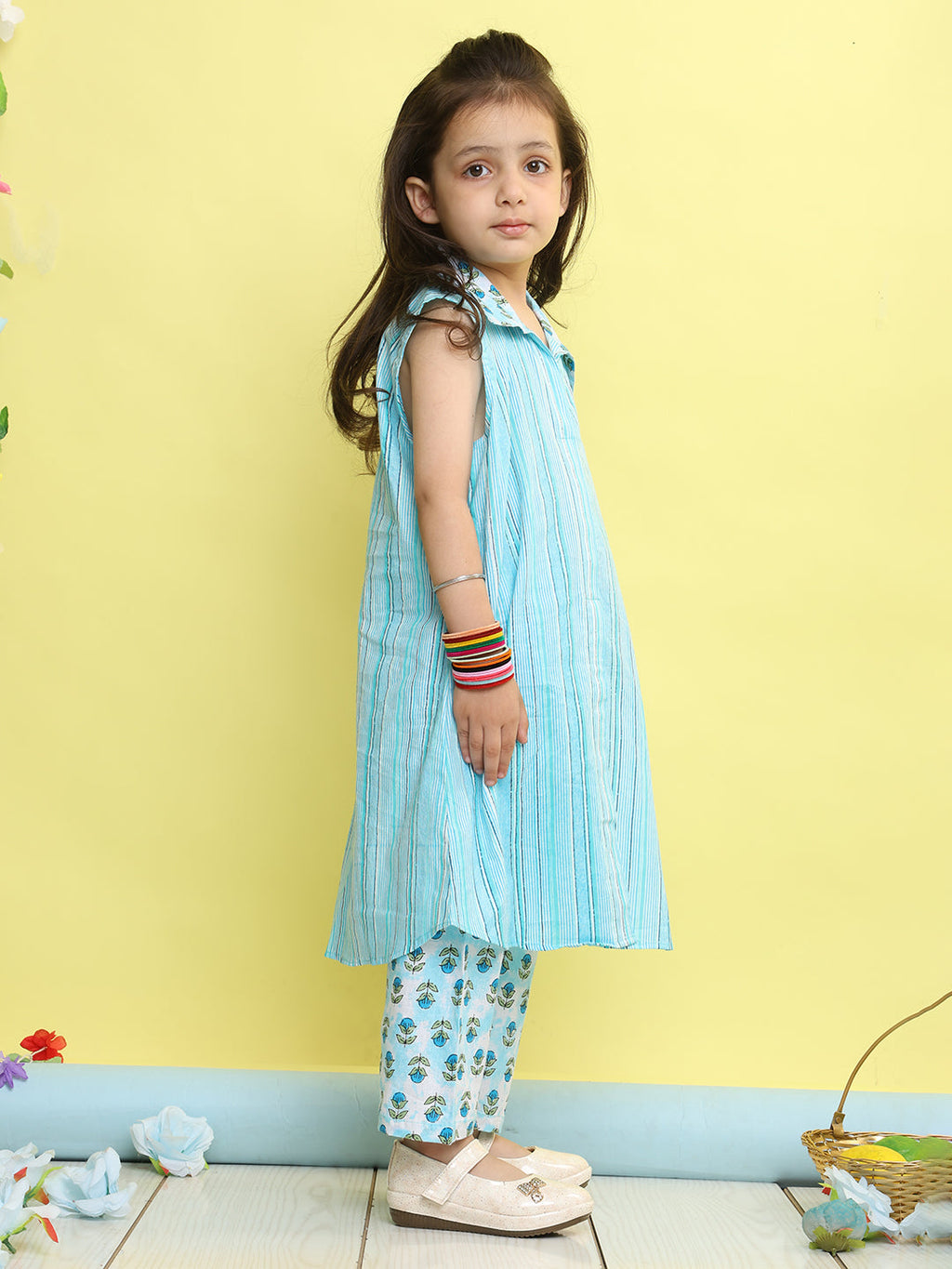Blue stripped sleeveless kurti with Floral pant