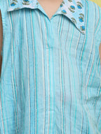 Blue stripped sleeveless kurti with Floral pant