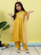 Yellow Jaquard Cap Sleeves kurti with yellow pant and dupatta