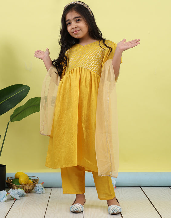 Yellow Jaquard Cap Sleeves kurti with yellow pant and dupatta