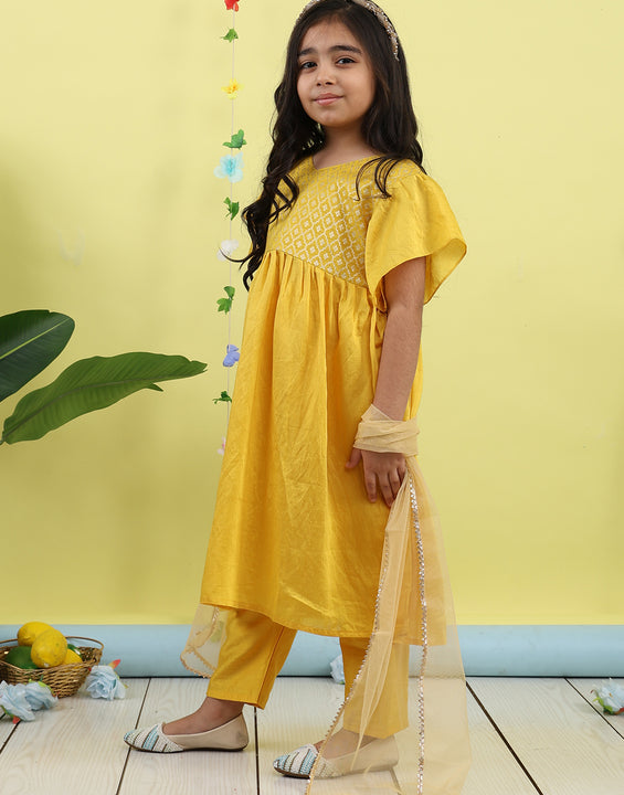 Yellow Jaquard Cap Sleeves kurti with yellow pant and dupatta