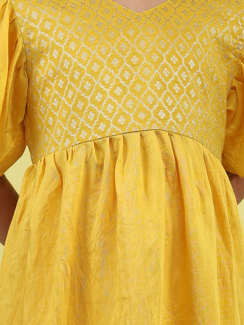 Yellow Jaquard Cap Sleeves kurti with yellow pant and dupatta