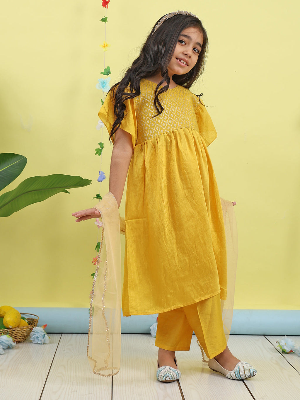 Yellow Jaquard Cap Sleeves kurti with yellow pant and dupatta