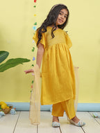 Yellow Jaquard Cap Sleeves kurti with yellow pant and dupatta