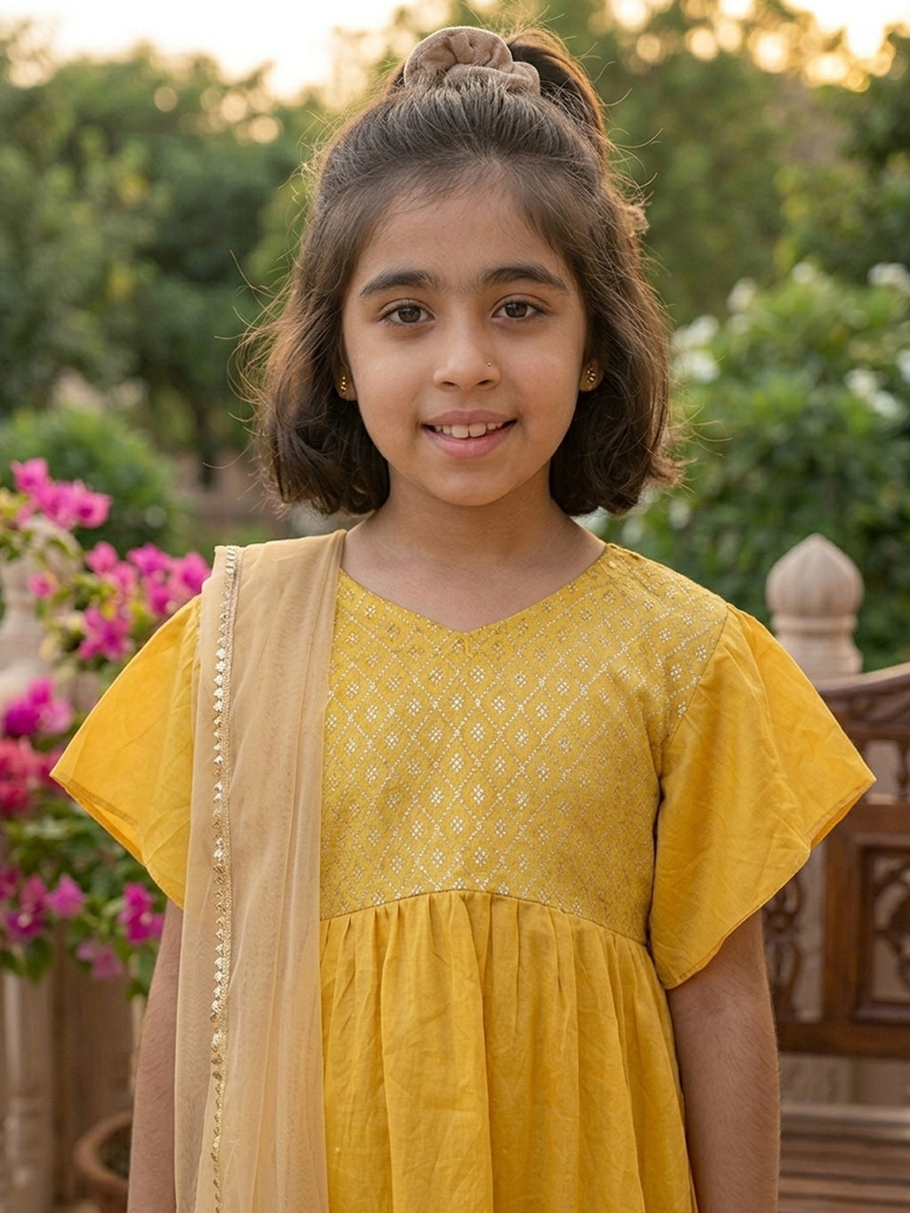 Kinder Kids Yellow Printed Kurti With Yellow Pant and Dupatta