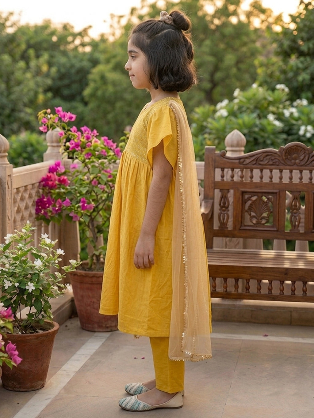 Kinder Kids Yellow Printed Kurti With Yellow Pant and Dupatta