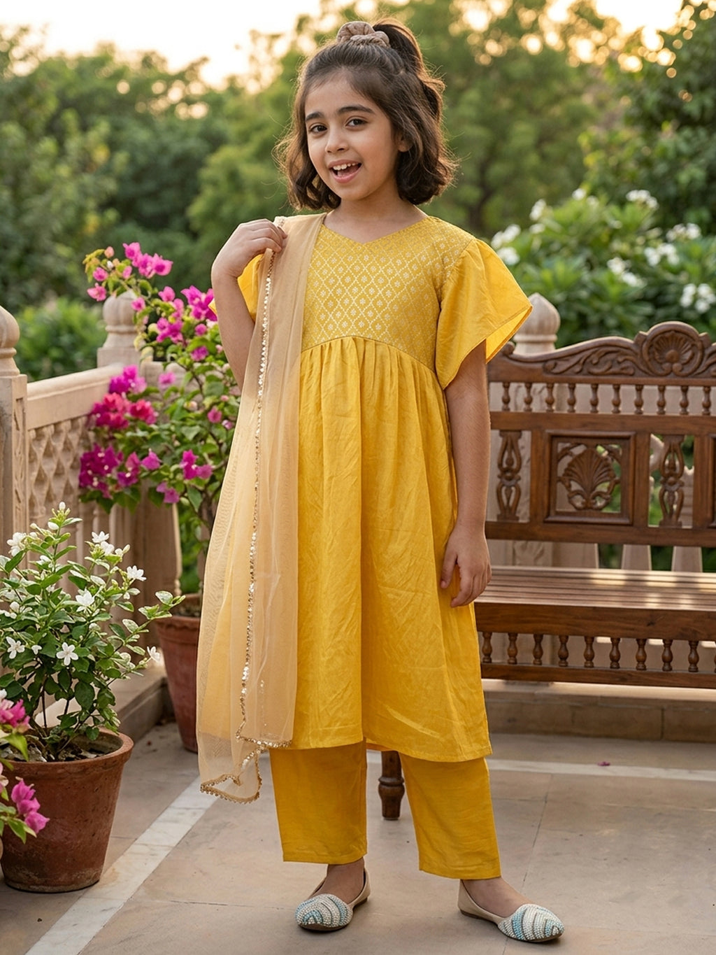Kinder Kids Yellow Printed Kurti With Yellow Pant and Dupatta