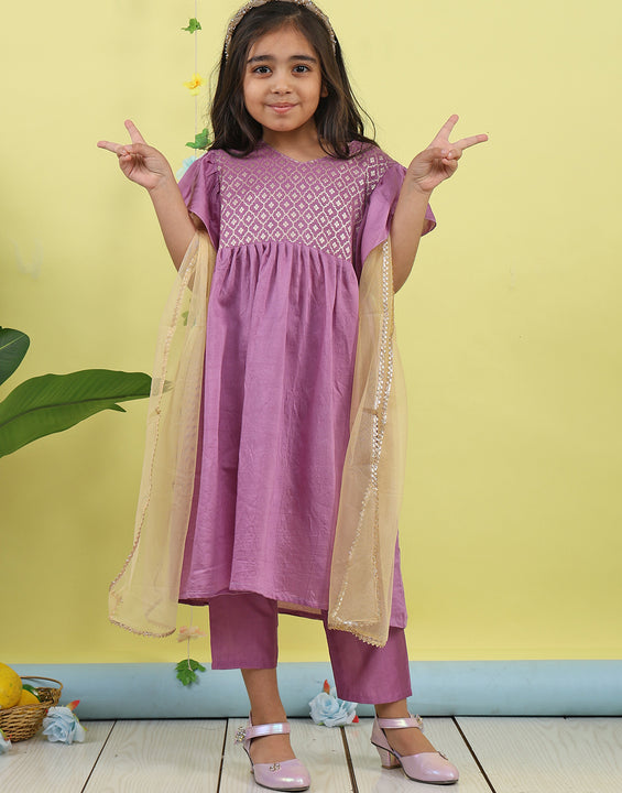 Purple Jaquard Cap Sleeves kurti with purple pant and dupatta