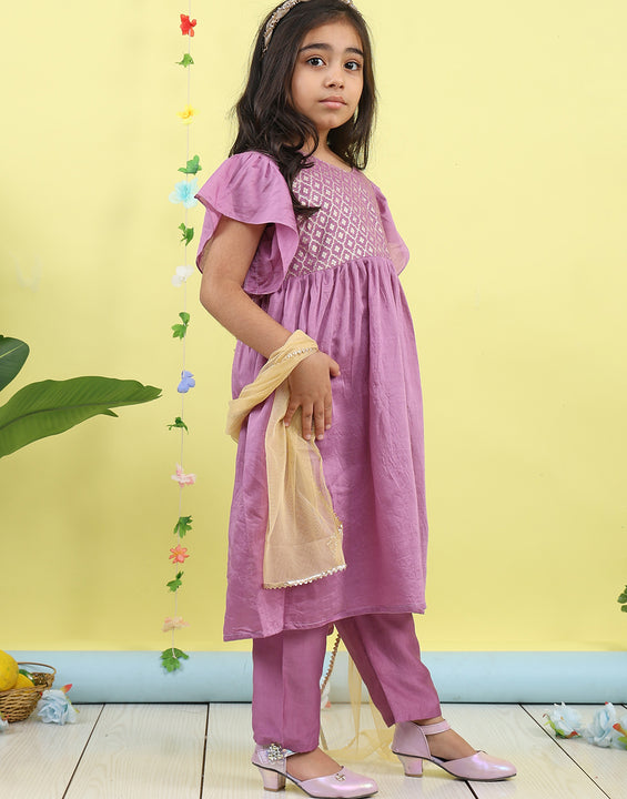 Purple Jaquard Cap Sleeves kurti with purple pant and dupatta