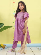 Purple Jaquard Cap Sleeves kurti with purple pant and dupatta