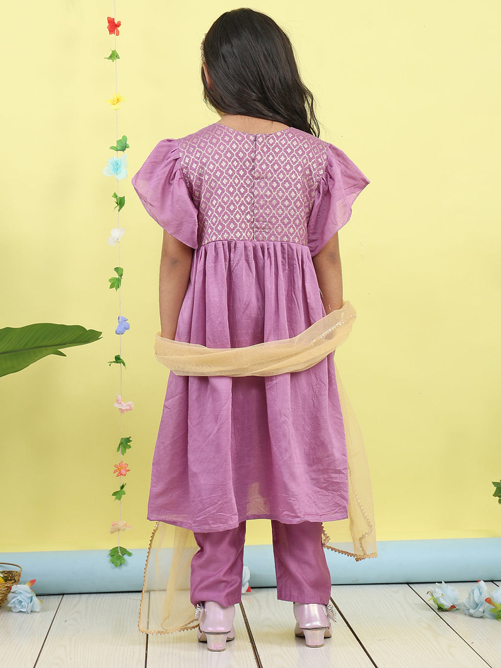 Purple Jaquard Cap Sleeves kurti with purple pant and dupatta