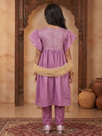 Kinder Kids Purple Printed Kurti With Purple Pant and Dupatta