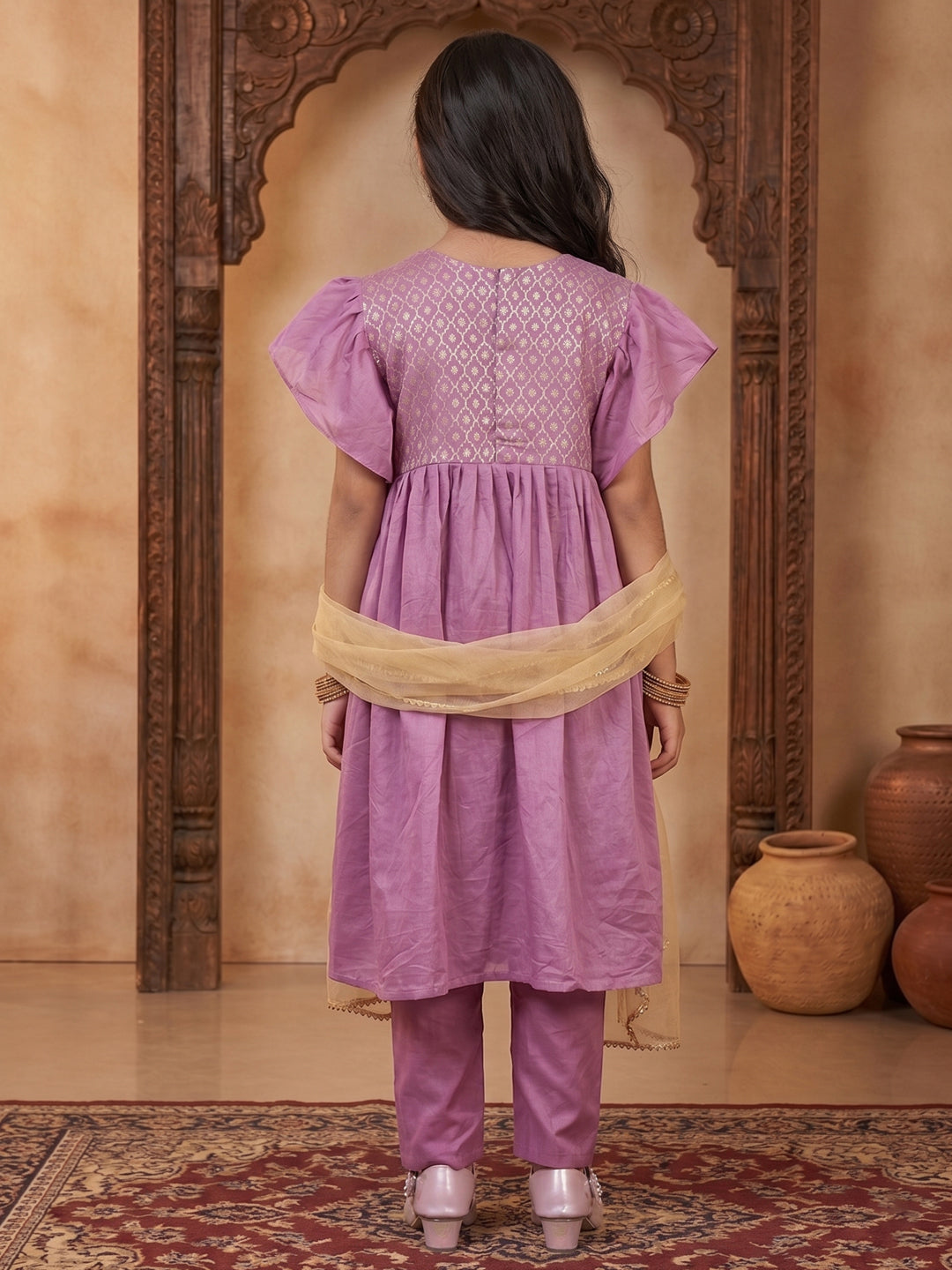 Kinder Kids Purple Printed Kurti With Purple Pant and Dupatta