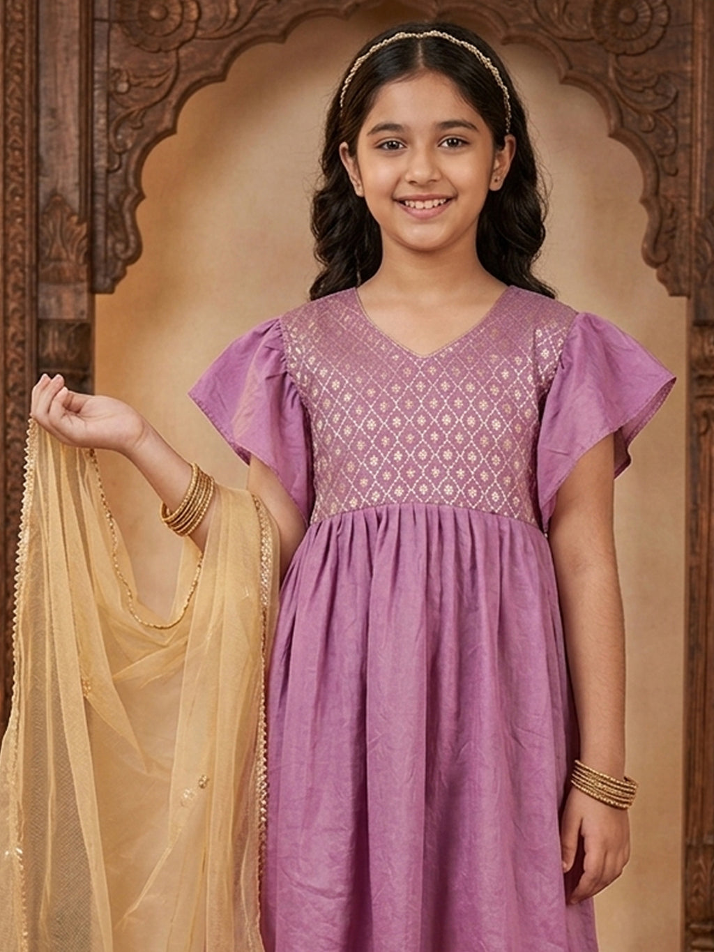 Kinder Kids Purple Printed Kurti With Purple Pant and Dupatta