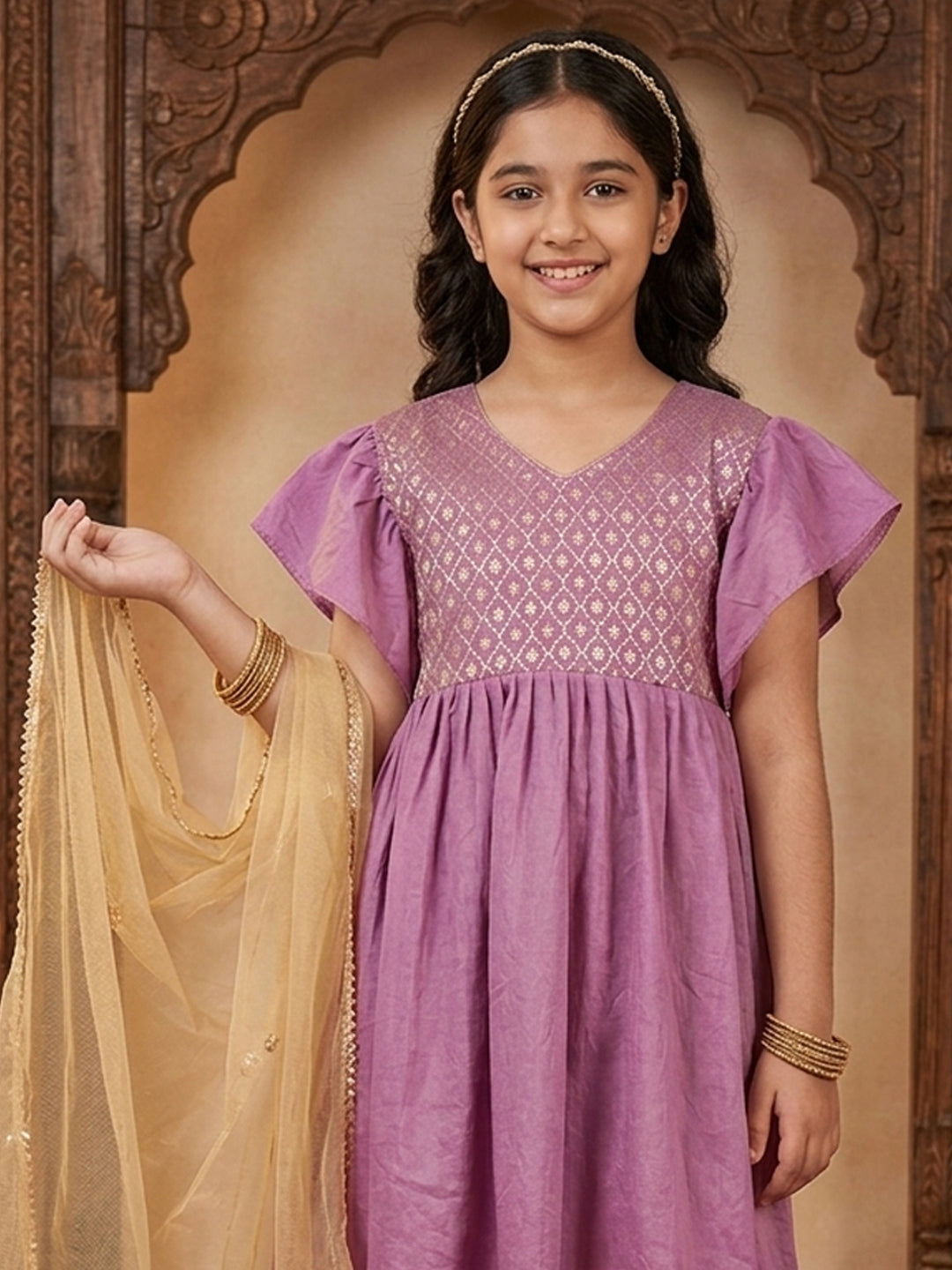 Kinder Kids Purple Printed Kurti With Purple Pant and Dupatta
