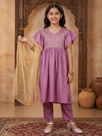 Kinder Kids Purple Printed Kurti With Purple Pant and Dupatta