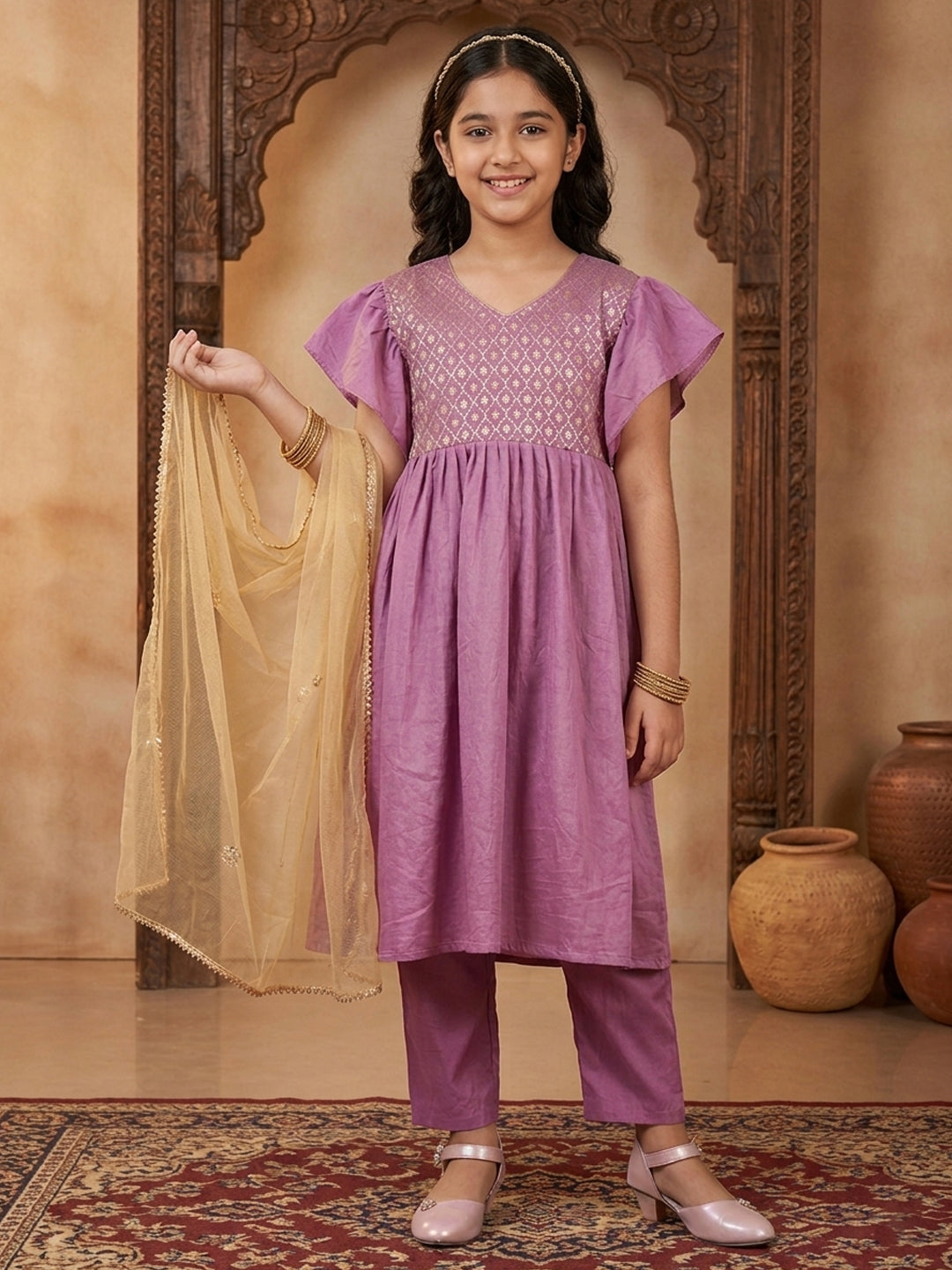 Kinder Kids Purple Printed Kurti With Purple Pant and Dupatta