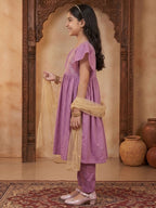 Kinder Kids Purple Printed Kurti With Purple Pant and Dupatta