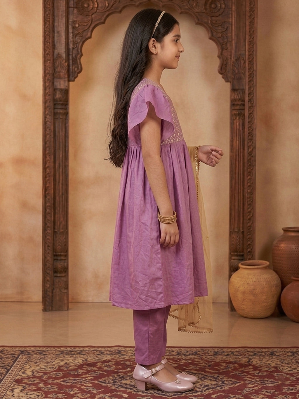 Kinder Kids Purple Printed Kurti With Purple Pant and Dupatta