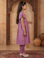 Kinder Kids Purple Printed Kurti With Purple Pant and Dupatta