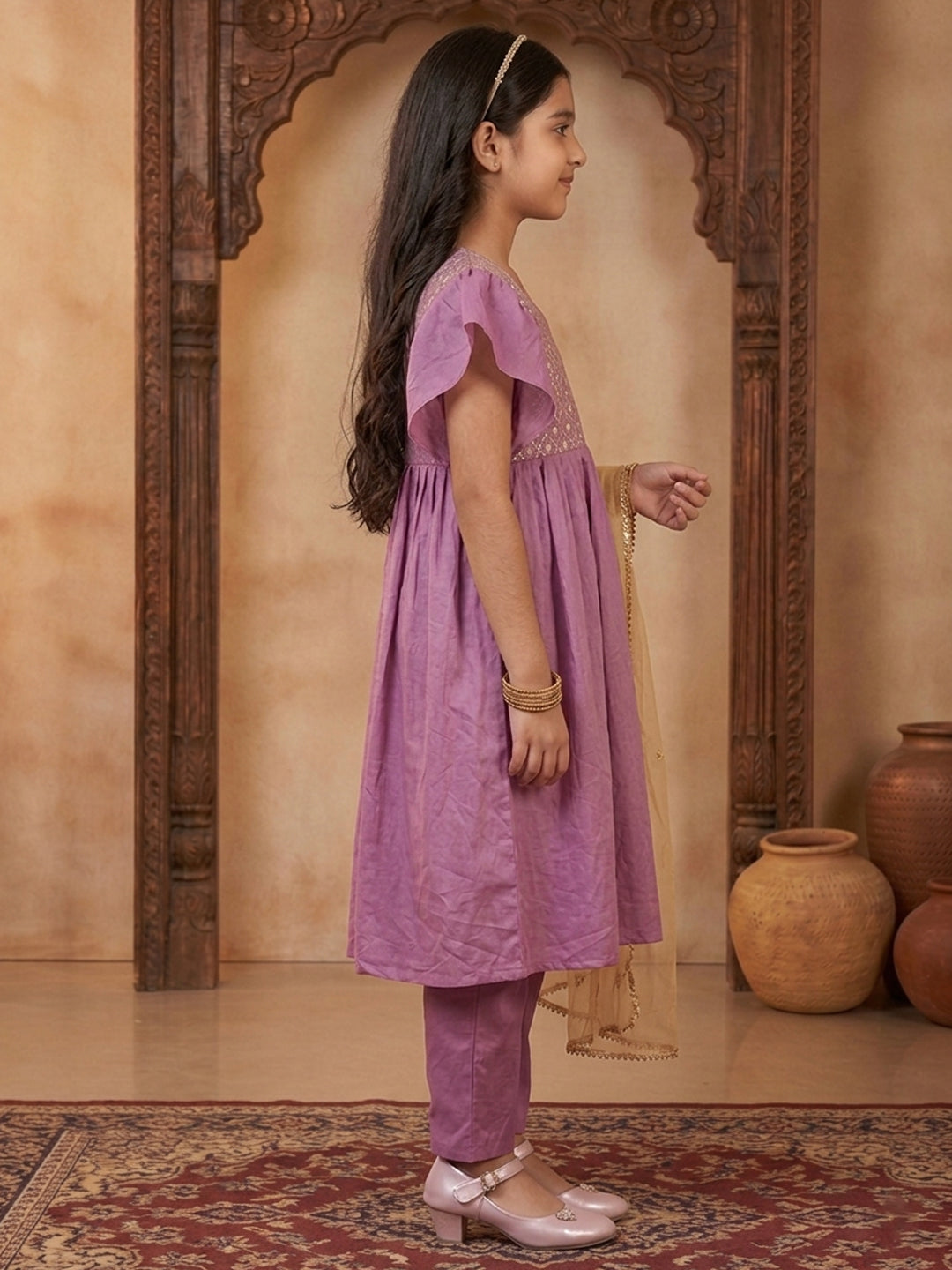 Kinder Kids Purple Printed Kurti With Purple Pant and Dupatta