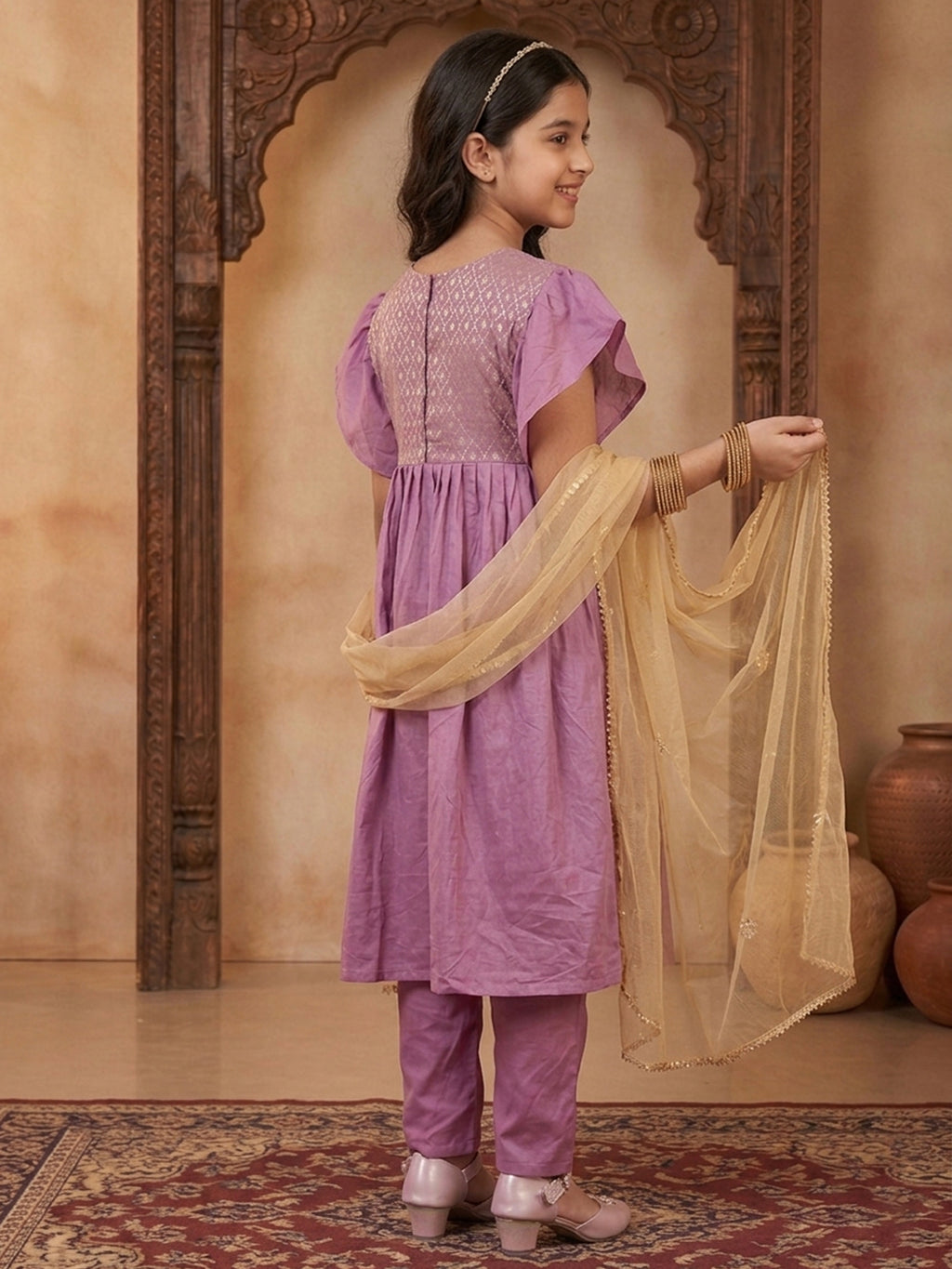 Kinder Kids Purple Printed Kurti With Purple Pant and Dupatta