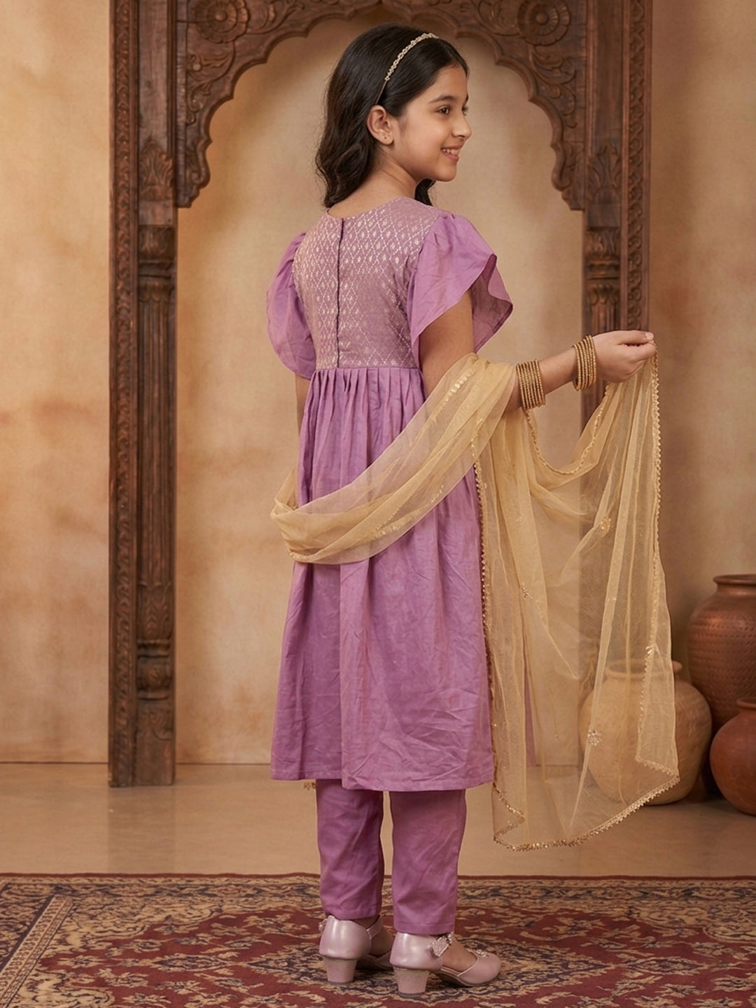 Kinder Kids Purple Printed Kurti With Purple Pant and Dupatta