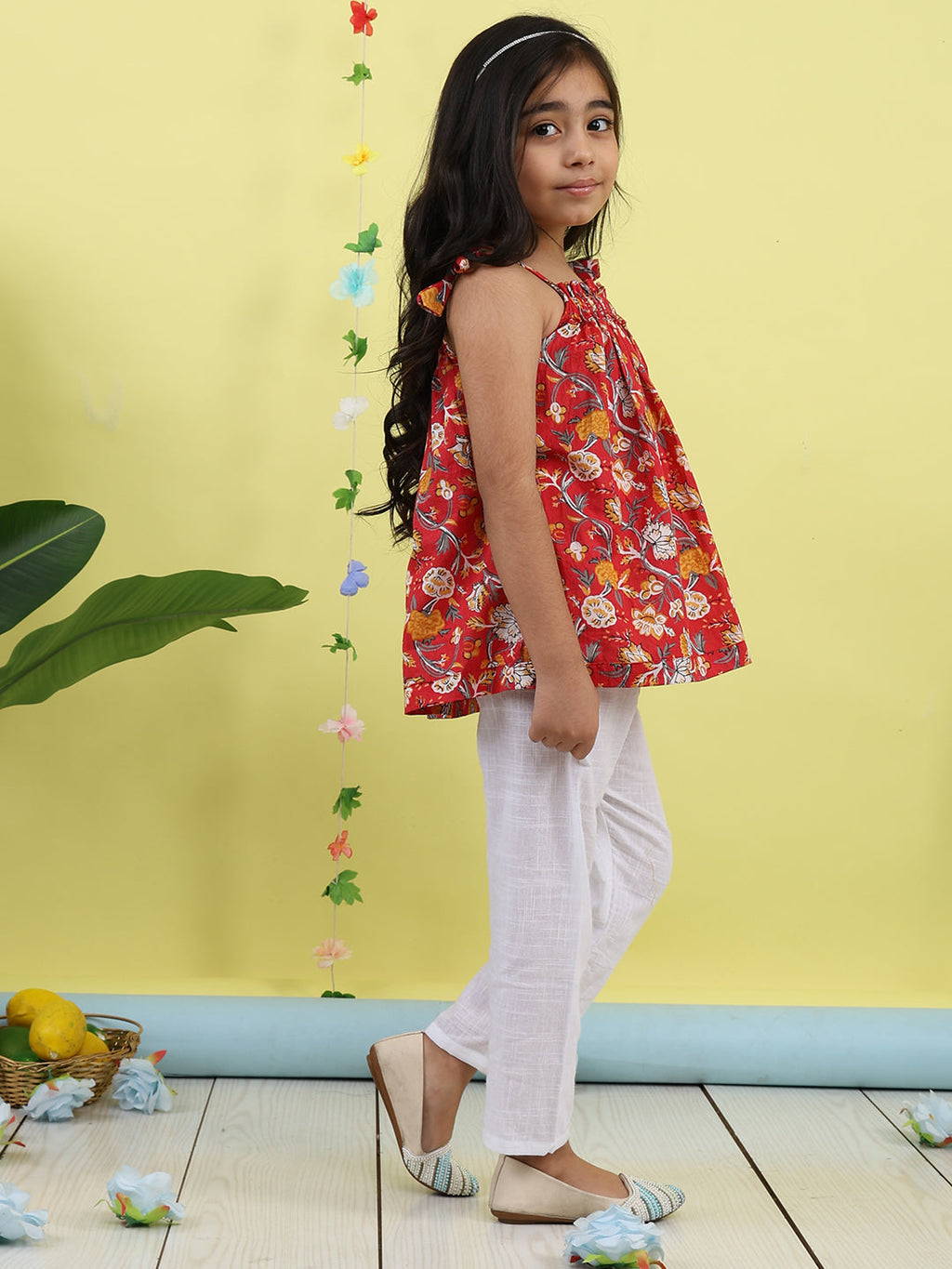 Red sleeveless Top with white  pant
