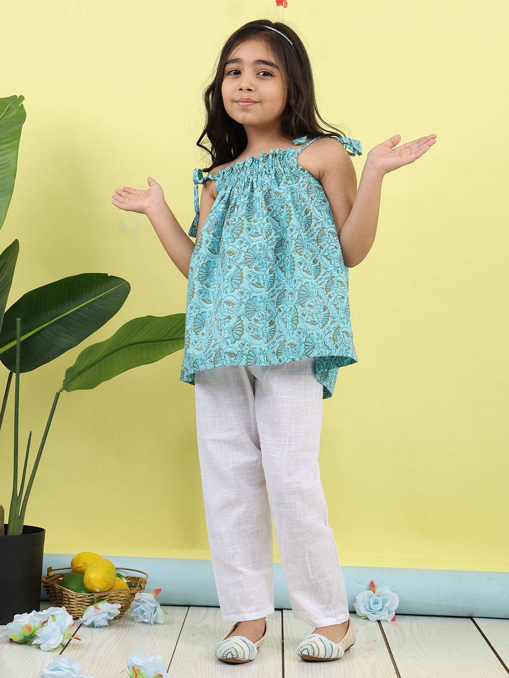 Blue sleeveless Top with white  pant