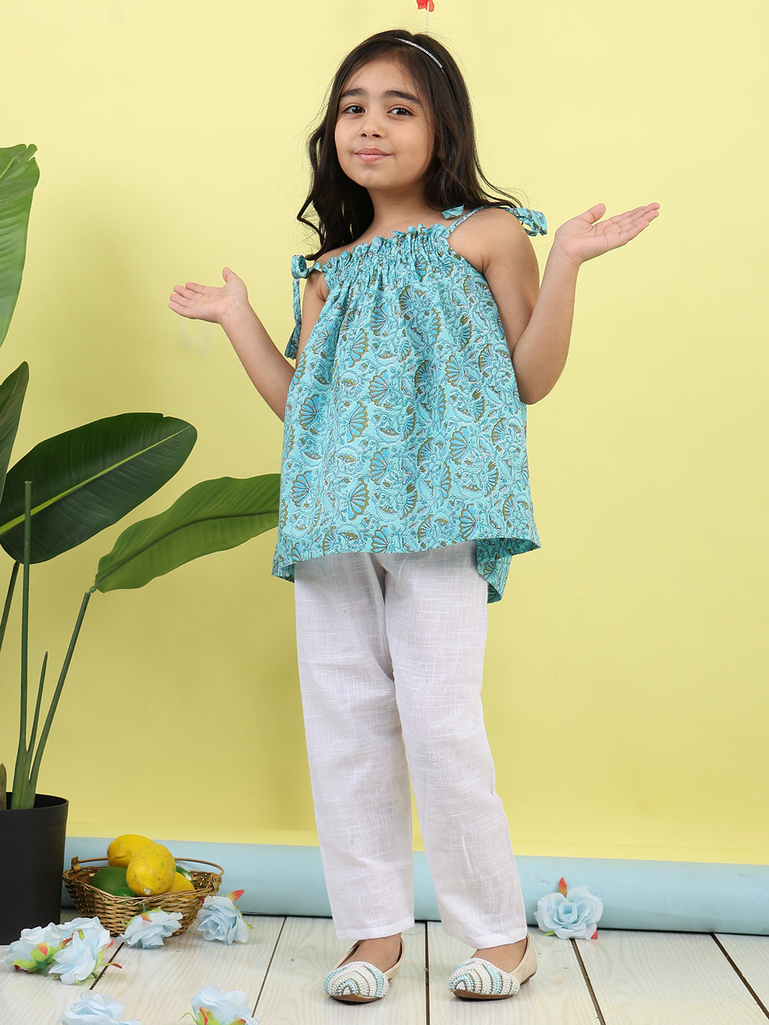 Blue sleeveless Top with white  pant