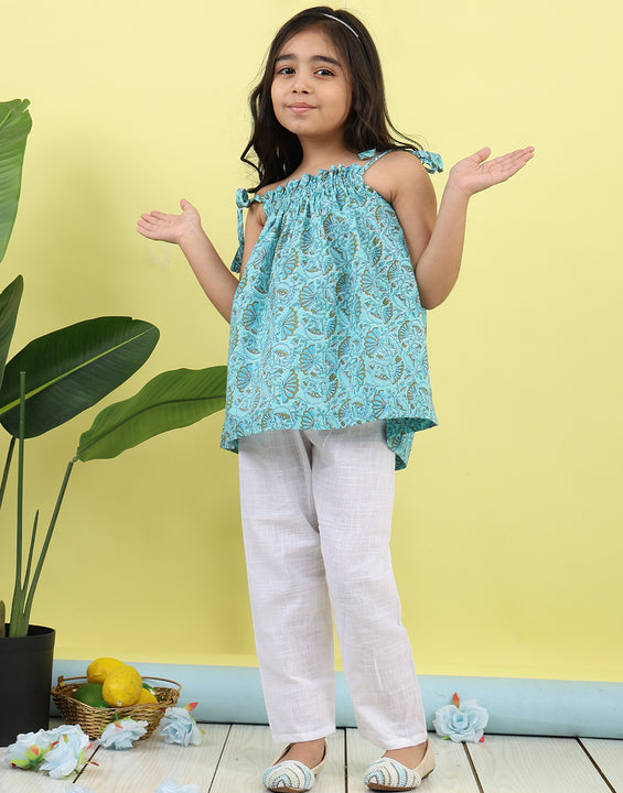 Blue sleeveless Top with white  pant