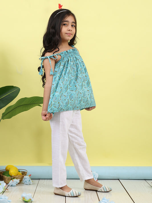 Blue sleeveless Top with white  pant