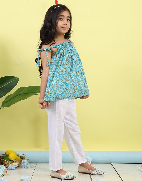 Blue sleeveless Top with white  pant