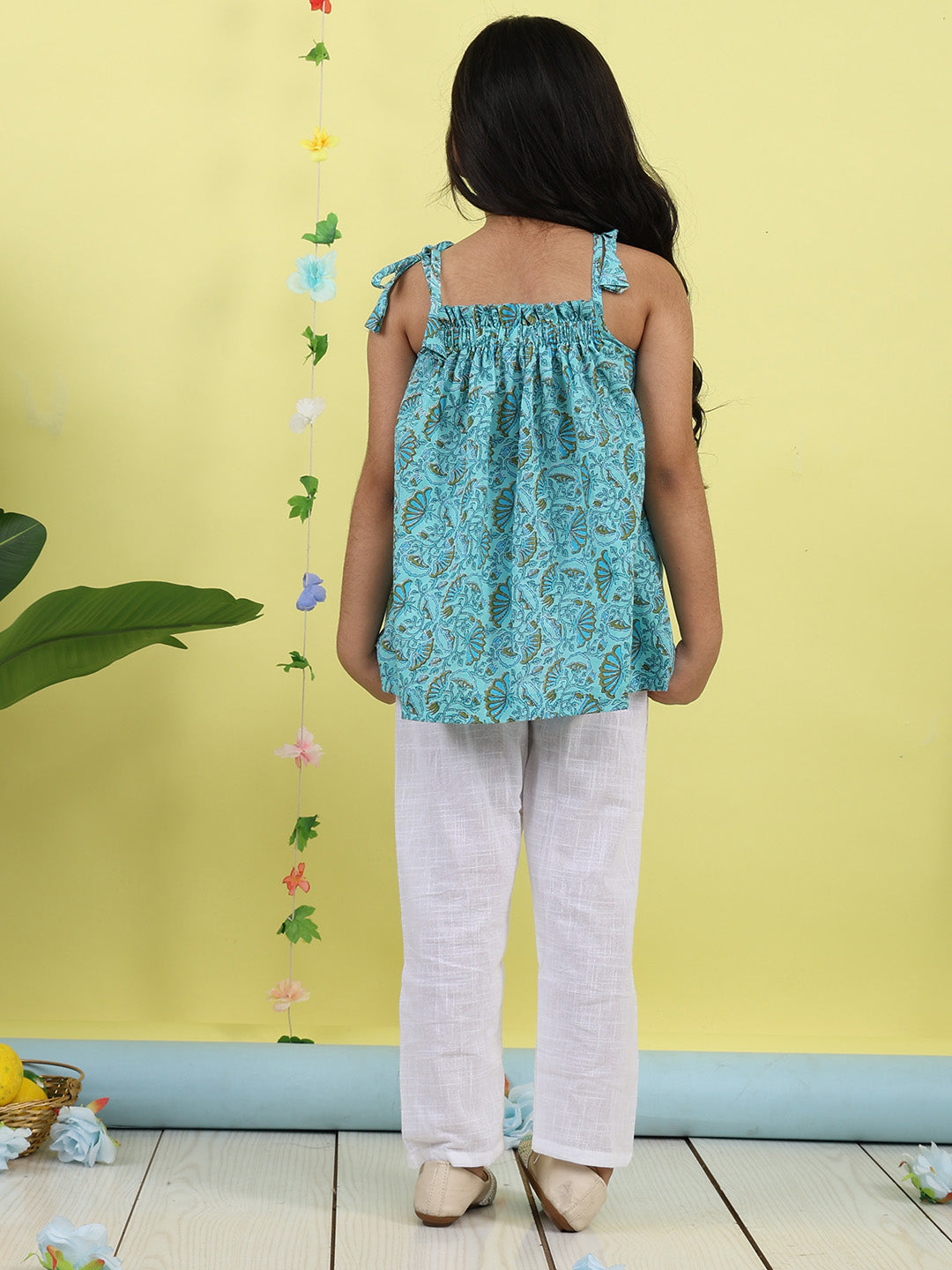 Blue sleeveless Top with white  pant