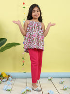 Pink sleeveless Top with white  pant